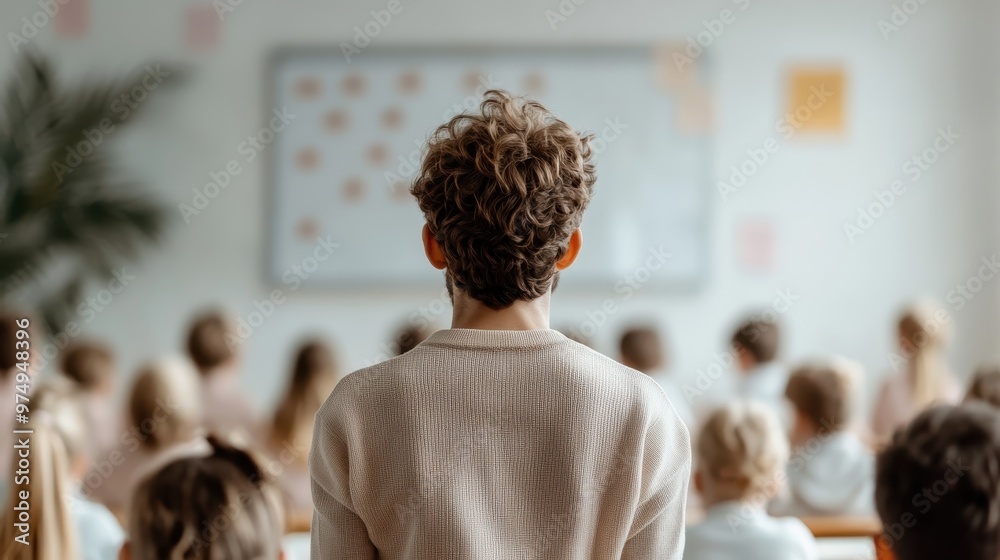 A classroom setting with students seated and a kid facing a whiteboard, highlighting an educational environment fostering learning and engagement among young minds. A classroom setting with students seated and a kid facing a whiteboard, highlighting an educational environment fostering learning and engagement among young minds.