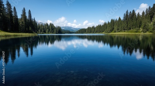 Expansive lake view with clear blue water, surrounded by forest and distant mountain range under a bright sky, capturing the beauty of untouched wilderness and calm nature.