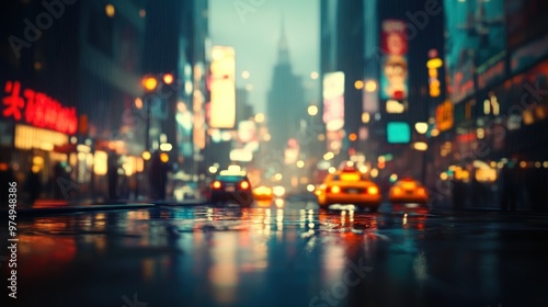 Blurred Cityscape with Reflections of Neon Lights and Rain