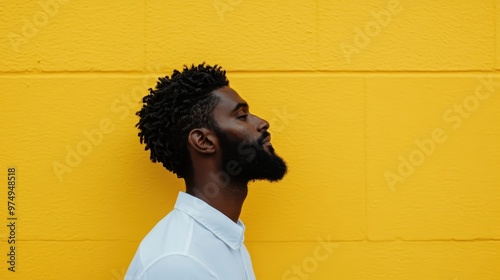 Stylish profile of a man with textured hair and a white shirt standing against a bright yellow wall, highlighting modern fashion, individuality, and artistic composition. photo