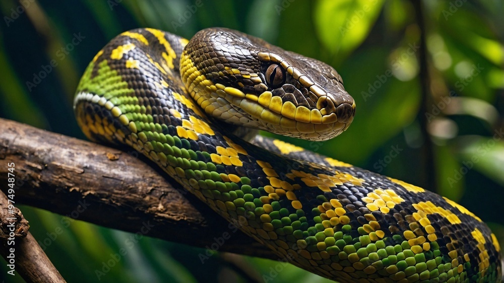 Hyperrealistisches Bild einer exotischen Python: Detaillierte Nahaufnahme in tropischer Umgebung Hyperrealistisches Bild einer exotischen Python: Detaillierte Nahaufnahme in tropischer Umgebung