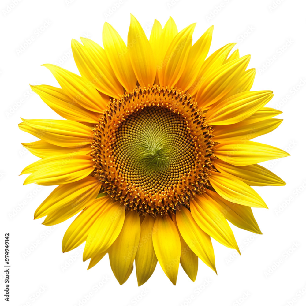Fototapeta premium Ripe sunflower with yellow petals top view Isolated On Transparent Background