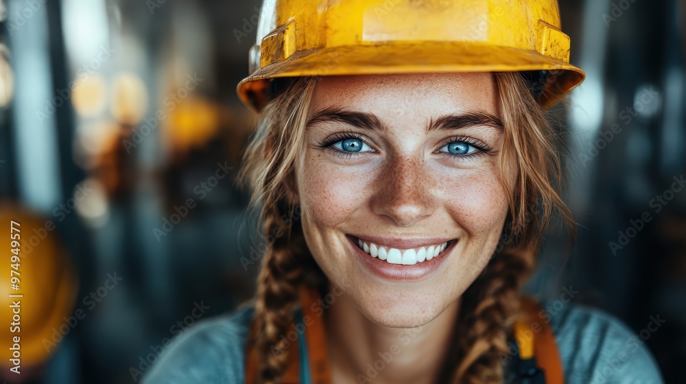 A female construction worker with braided hair and a bright smile stands proudly, symbolizing empowerment and progress in the modern workforce.