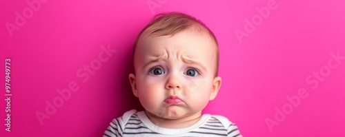 Cute baby with concerned expression on bright pink background photo