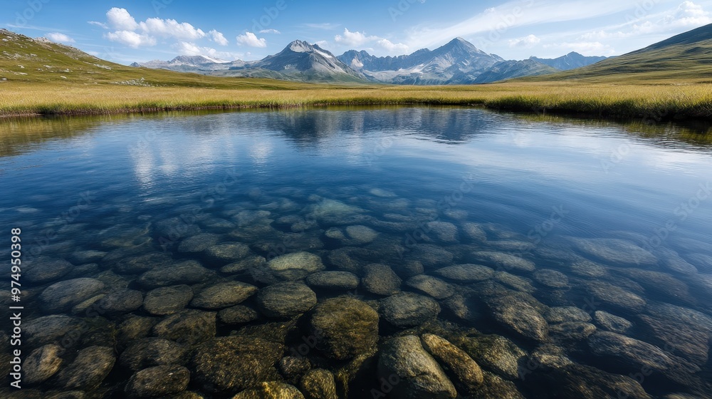 This image captures the serene beauty of a tranquil lake surrounded by mountains, with exceptionally clear water that reveals the rocky bottom beneath. This image captures the serene beauty of a tranquil lake surrounded by mountains, with exceptionally clear water that reveals the rocky bottom beneath.