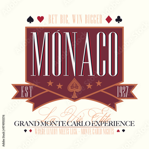 logo slogan graphic, retro college monaco victorian  casino, monte carlo, shield. ornaments and geometric graphics, health and fitness club summer SS25 urban crest sport 