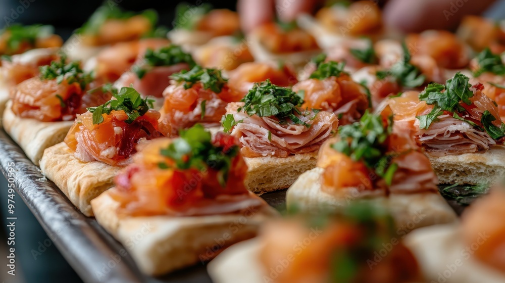 Close-up view of gourmet appetizers arranged on a tray, featuring a variety of toppings and vibrant herbs, showcasing culinary elegance and detailed preparation. Close-up view of gourmet appetizers arranged on a tray, featuring a variety of toppings and vibrant herbs, showcasing culinary elegance and detailed preparation.