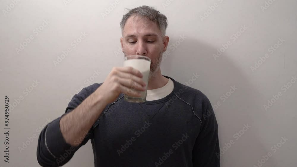 Closeup view of an adult caucasian man drinking a banana milkshake with a white background Closeup view of an adult caucasian man drinking a banana milkshake with a white background