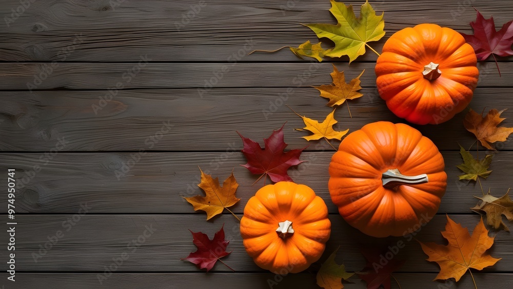Pumpkins and leaves on wooden background. minimal halloween, fall banner, background with copy space Pumpkins and leaves on wooden background. minimal halloween, fall banner, background with copy space