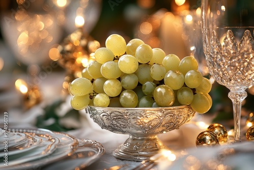 Close-up of grapes in a decorative silver bowl for New Year celebration photo