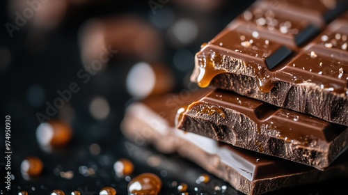 Rich dark chocolate bars topped with caramel drizzle and a sprinkle of sea salt, creating a perfect balance of sweetness and saltiness for a gourmet experience.
