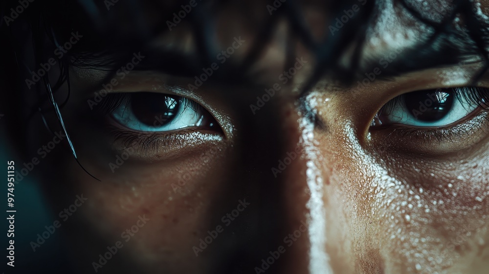 A dramatic close-up image showcasing an intense eye under stark lighting, highlighting sweat and texture on the skin, creating a scene rich with emotion and tension.
