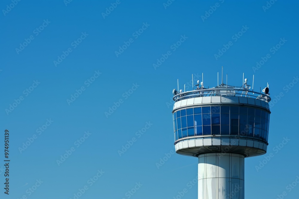 Airport control tower overseeing air traffic on a sunny day with vibrant blue skies Airport control tower overseeing air traffic on a sunny day with vibrant blue skies