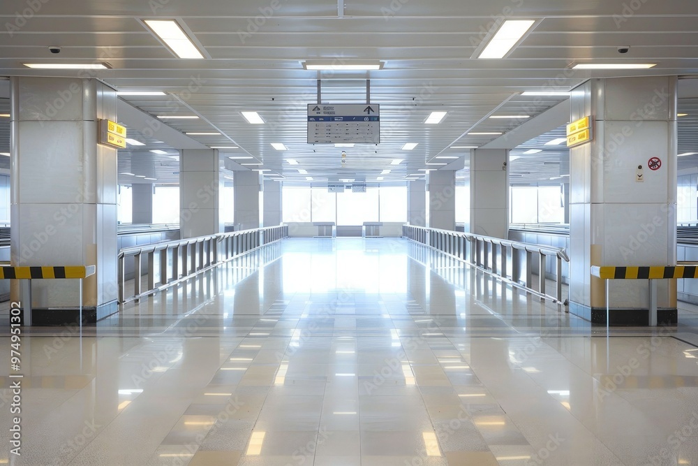 Fototapeta premium Gleaming white floor reflecting light in an empty airport terminal corridor