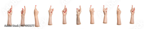 Fotografia Index finger pointing up, hand gesture with red nails manicure for indicating, advertising, promoting