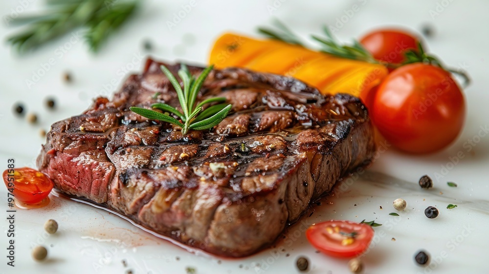 Juicy Roasted Beef Steak with Colorful Vegetables on White Background Juicy Roasted Beef Steak with Colorful Vegetables on White Background