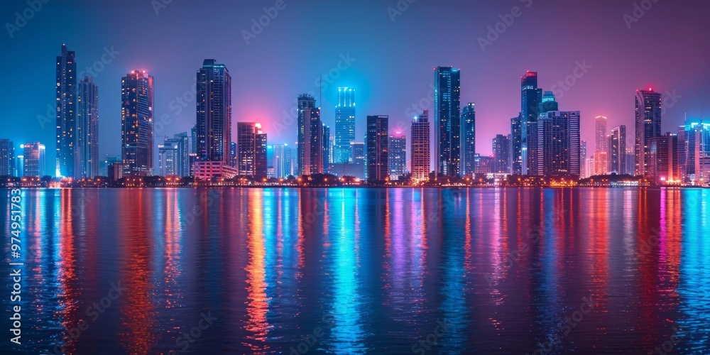 Fototapeta premium Cityscape with Neon Lights Reflecting in Water