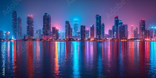 Wallpaper Mural Cityscape with Neon Lights Reflecting in Water Torontodigital.ca