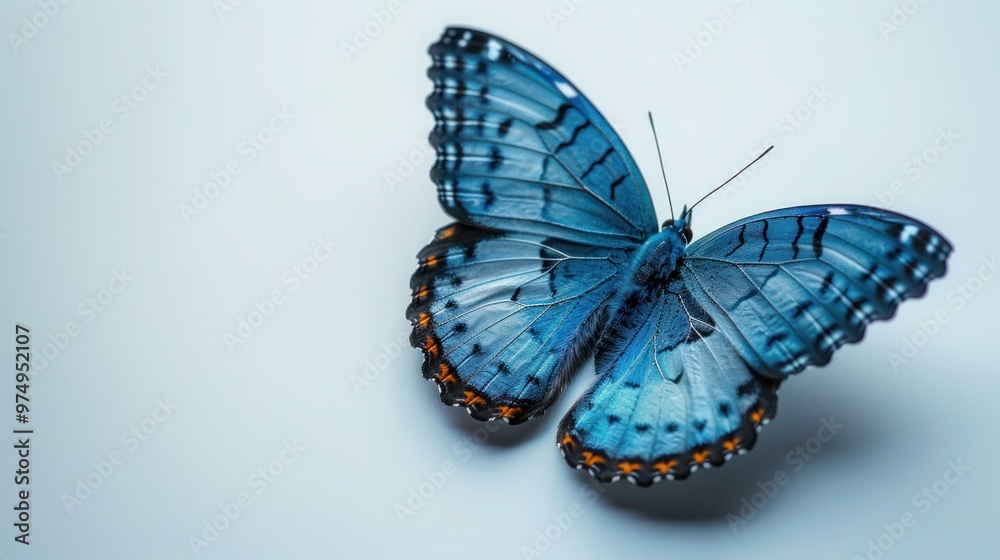 Graceful Dark Blue Butterfly in Flight, Isolated on White Background Graceful Dark Blue Butterfly in Flight, Isolated on White Background