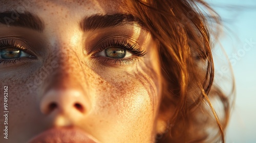 A close-up of long curly hair gently blowing in the wind, highlighted by the bright sunlight, suggesting freedom and natural beauty, suitable for lifestyle or beauty collections. photo