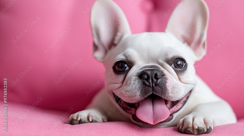 This image captures a cute little white dog sitting comfortably on a pink sofa, smiling brightly. The dog's expressive eyes and cheerful demeanor are heartwarming. This image captures a cute little white dog sitting comfortably on a pink sofa, smiling brightly. The dog's expressive eyes and cheerful demeanor are heartwarming.