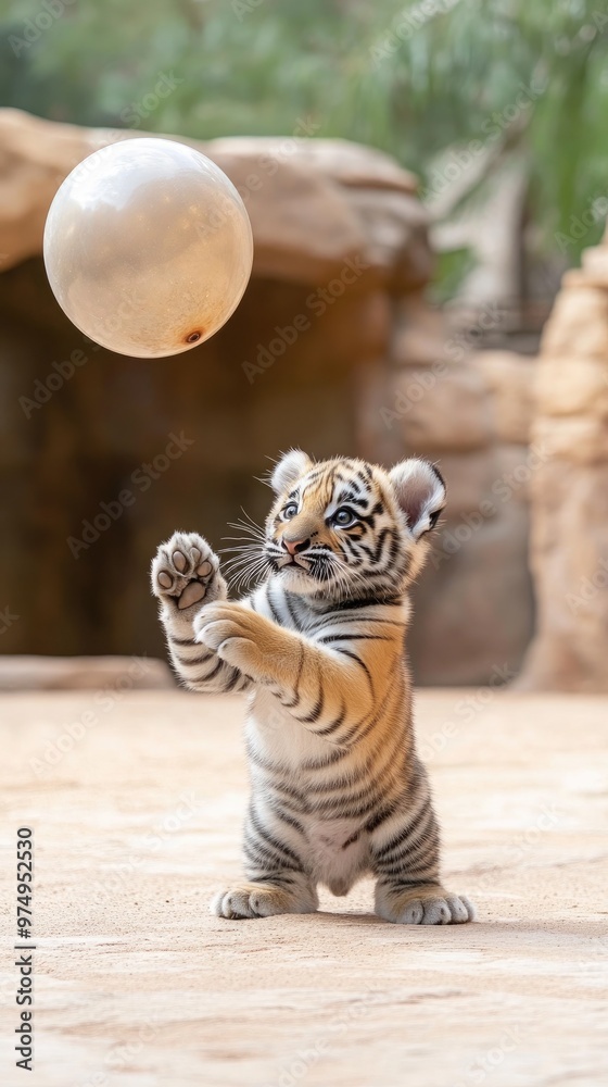 A young tiger cub eagerly bats at a colorful balloon, showcasing its playful spirit in a vibrant outdoor environment under natural light. A young tiger cub eagerly bats at a colorful balloon, showcasing its playful spirit in a vibrant outdoor environment under natural light.
