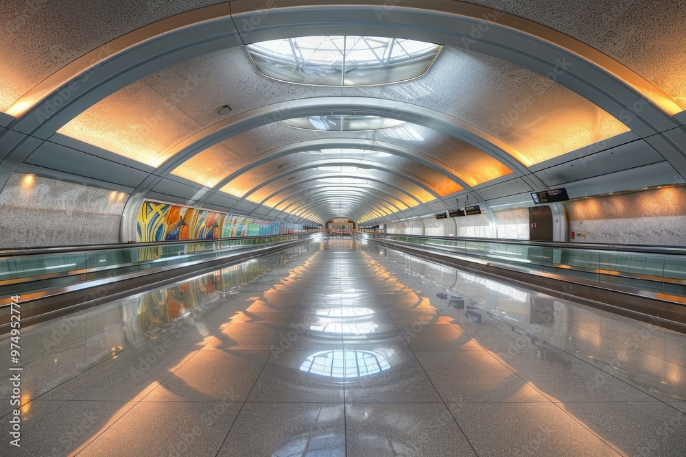 Empty moving walkway in modern airport terminal reflecting warm light at sunset Empty moving walkway in modern airport terminal reflecting warm light at sunset
