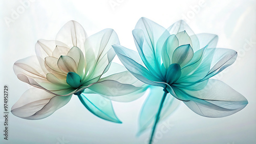 Ethereal Translucent Flowers with Flowing Petals in Soft White and Teal Against a Pristine White Background