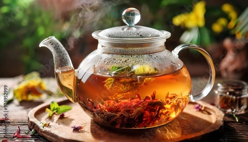 Close-Up of Herbal Tea Steeping in a Glass Teapot