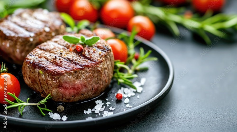 A perfectly grilled ribeye steak is placed on a black plate, garnished with fresh rosemary and ripe cherry tomatoes, creating an inviting culinary presentation A perfectly grilled ribeye steak is placed on a black plate, garnished with fresh rosemary and ripe cherry tomatoes, creating an inviting culinary presentation