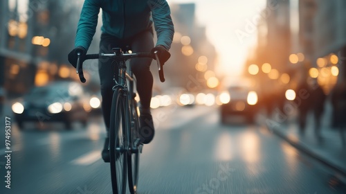 A cyclist is seen riding his bike through the city streets in the brisk evening light, embodying the essence of active urban transportation and healthy, eco-friendly living. photo