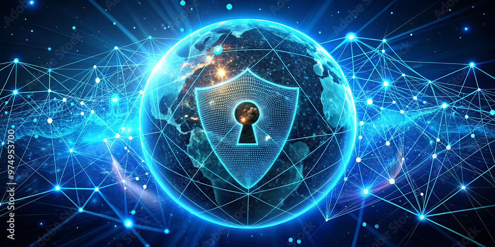 Digital Globe with Cyan Networks and Shield, A High-Tech Illustration of Global Cybersecurity in a Blue Background Digital Globe with Cyan Networks and Shield, A High-Tech Illustration of Global Cybersecurity in a Blue Background