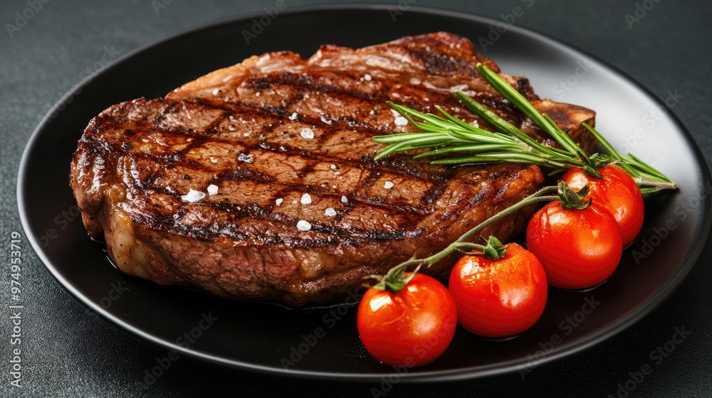 A perfectly grilled ribeye steak is placed on a black plate, garnished with fresh rosemary and ripe cherry tomatoes, creating an inviting culinary presentation. A perfectly grilled ribeye steak is placed on a black plate, garnished with fresh rosemary and ripe cherry tomatoes, creating an inviting culinary presentation.