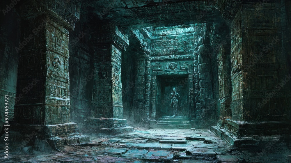 An Ancient, Stone-Carved Corridor Leading to a Mysterious Figure An Ancient, Stone-Carved Corridor Leading to a Mysterious Figure