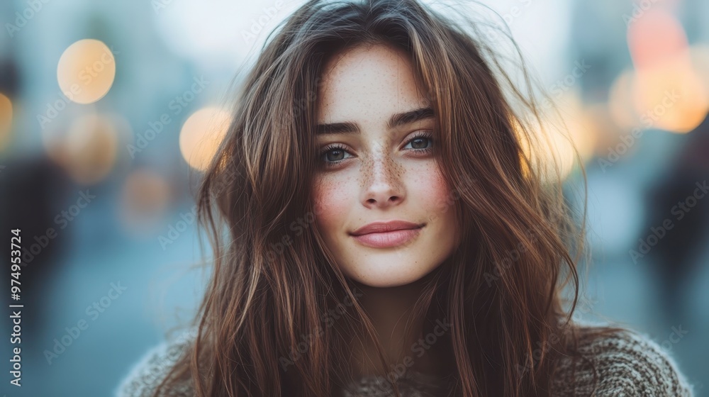 A young woman with flowing hair smiles confidently against a blurred cityscape background, reflecting happiness and natural beauty in a soft-focused capture. A young woman with flowing hair smiles confidently against a blurred cityscape background, reflecting happiness and natural beauty in a soft-focused capture.