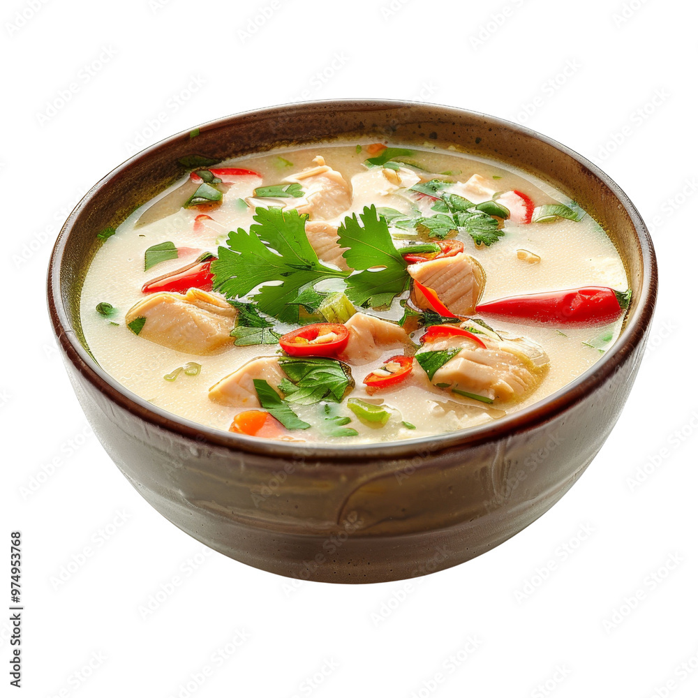 Traditional Thai soup Tom Kha Gai with tender chicken, coconut milk, chili, lemongrass, and herbs, isolated on white background, transparent background Traditional Thai soup Tom Kha Gai with tender chicken, coconut milk, chili, lemongrass, and herbs, isolated on white background, transparent background