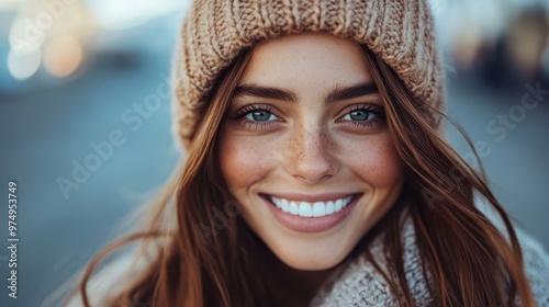 A cheerful woman in a beige knit hat beams a wide smile, enjoying the brisk outdoors, reflecting joy and warmth in a brightly lit, relaxed street atmosphere.