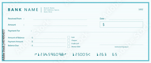 Empty money cheque. Bank check. check book template with pattern and blank fields. Currency payment coupon, US dollar check background.