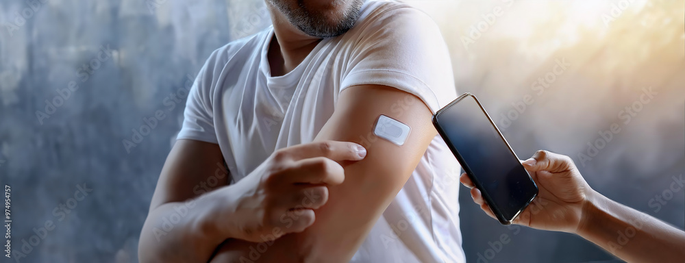 custom made wallpaper toronto digitalPerson scanning their digital health patch with a smartphone, showcasing technology in healthcare. Wearable device of real-time control of health through continuous glucose monitoring CGM system.