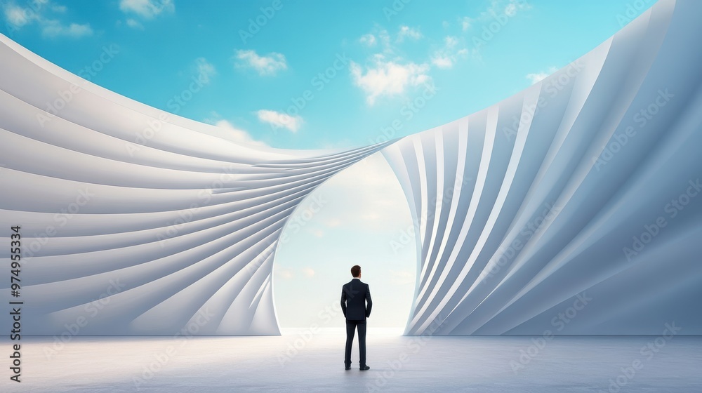 A businessman standing in front of a giant, surreal canvas, where the lines and shapes of the structure constantly change and merge, representing ambiguity and fluid organization. A businessman standing in front of a giant, surreal canvas, where the lines and shapes of the structure constantly change and merge, representing ambiguity and fluid organization.