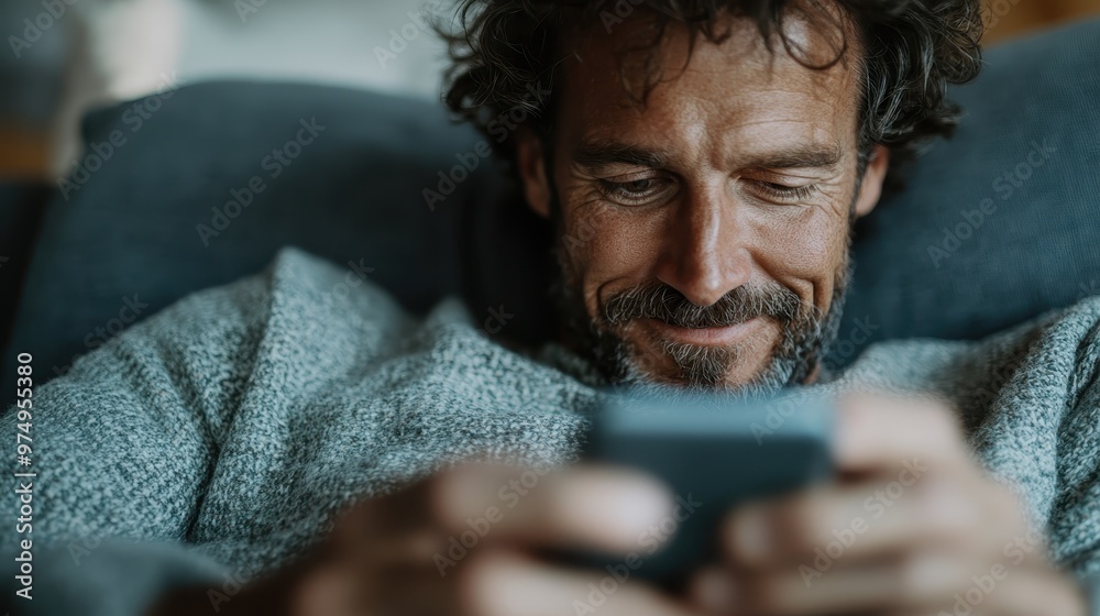 A relaxed man, in casual clothing, leans back on a couch, deeply focused on his phone. The setting exudes warmth and a laid-back, cozy home atmosphere.