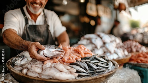 A happy fishmonger showcasing an array of fresh seafood, including fish and shrimp, at a local market stall, emphasizing the vibrant and lively atmosphere of the market. photo