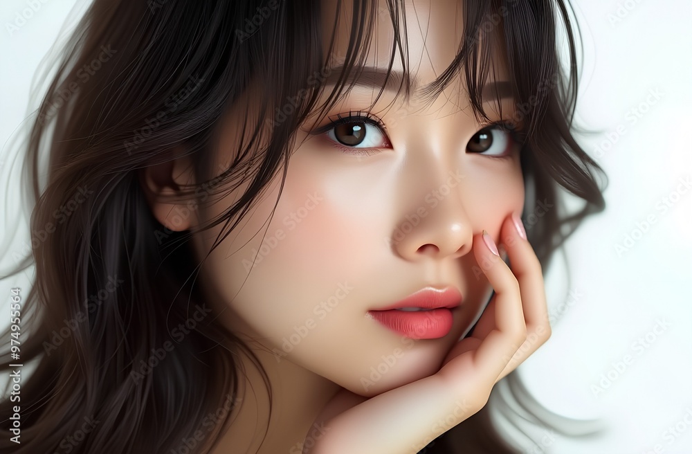 Obraz premium Portrait of a young beautiful asian woman with long dark hair and bright eyes.