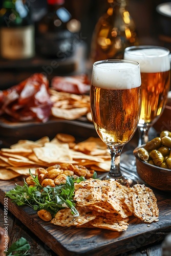 Two glasses of beer with appetizers on wooden board, chips, crackers, olives, nuts, and meat