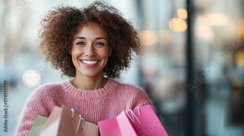 A cheerful woman in a pink sweater holds multiple shopping bags, standing outdoors with a blurred city background showcasing a shopping theme. photo
