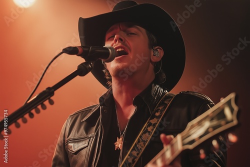 A man in a cowboy hat singing into a microphone. He is wearing a leather jacket and a necklace photo