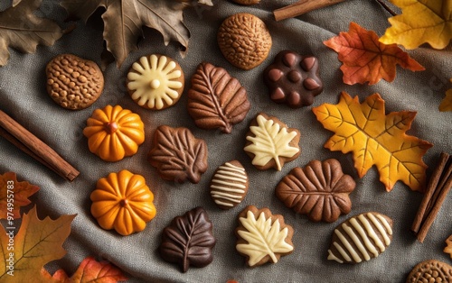 An assortment of fall cookies shaped like pumpkins, leaves, and acorns in autumn colors on a linen cloth with cinnamon and dried leaves