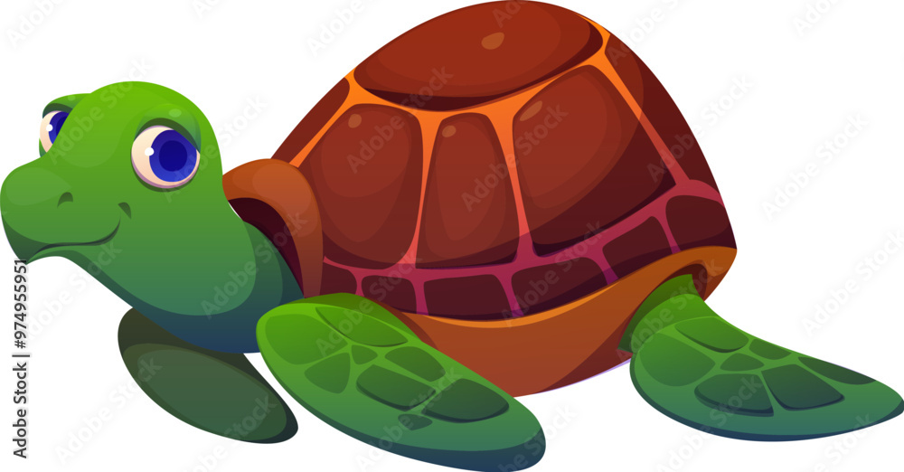 Obraz premium Cartoon turtle character, cute vector tortoise animal with green skin, flippers and brown shell. Funny little smiling turtle game or book personage. Isolated friendly and adorable aquatic reptilian