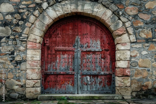 Old red wooden door with metal elements in stone archway, showing the passage of time with its weathered appearance