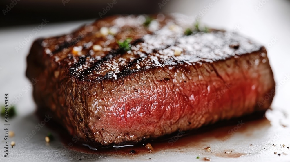 A succulent piece of medium-rare steak adorned with grill marks, garnished with herbs and spices. Perfectly cooked to showcase its tenderness and juiciness. A succulent piece of medium-rare steak adorned with grill marks, garnished with herbs and spices. Perfectly cooked to showcase its tenderness and juiciness.